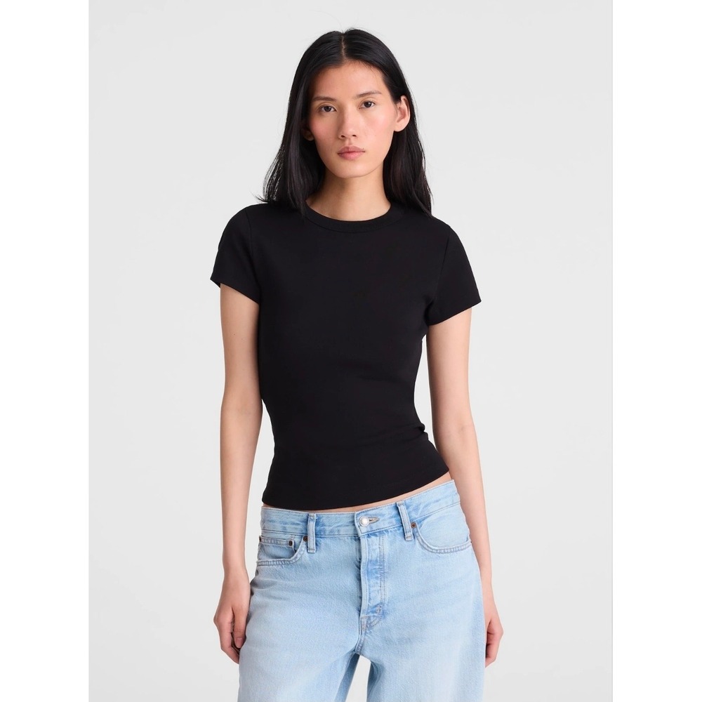Madewell Women L Jet Black 90's Crewneck Tee Compact Cotton T-Shirt Short Sleeve